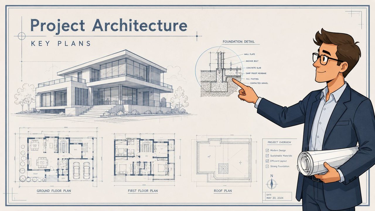 A professional male architect presenting architectural blueprints and foundation details for a modern residential building project.