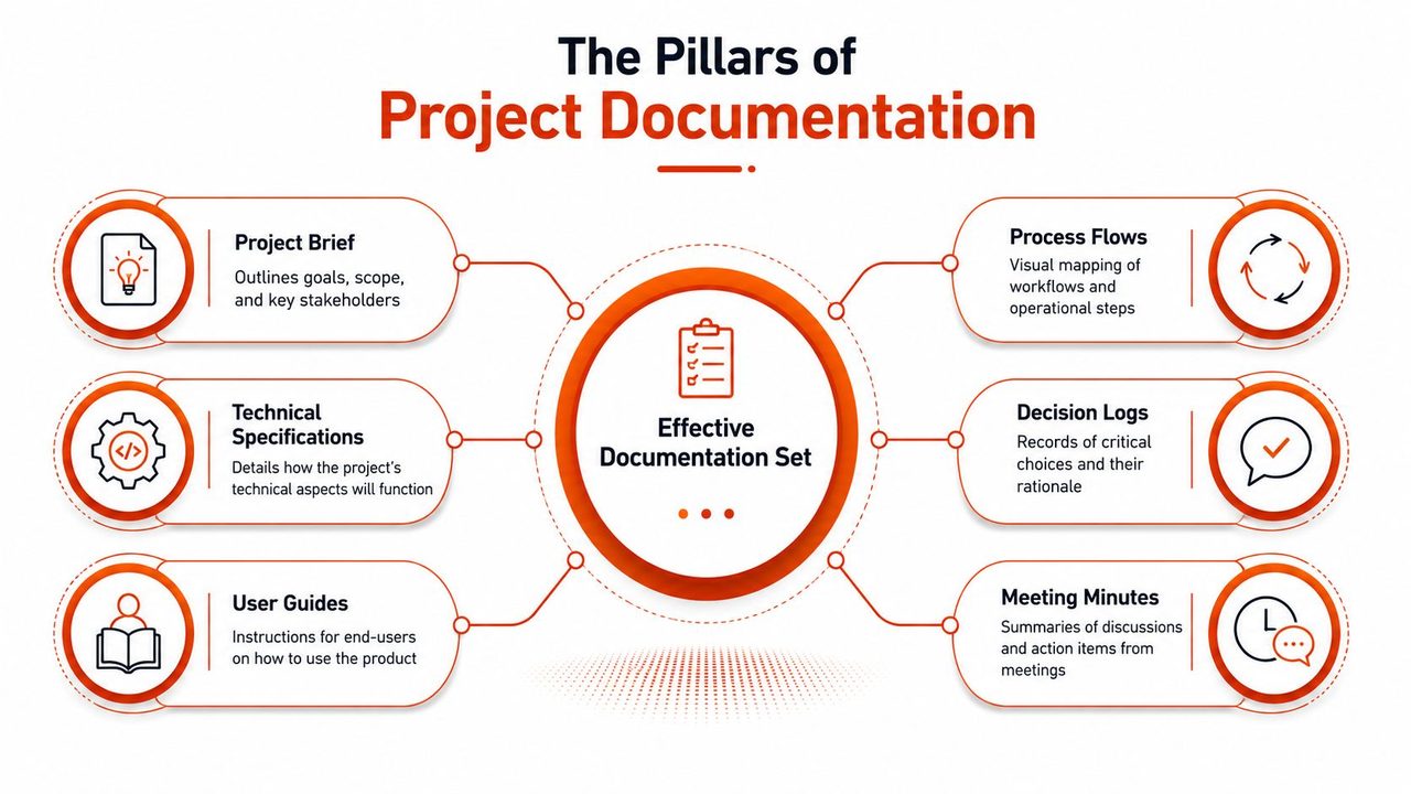 An infographic titled The Pillars of Project Documentation showing six essential components for effective project management.