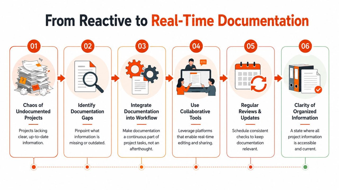 A six-step infographic process showing the transition from reactive, chaotic project documentation to real-time, organized information management.