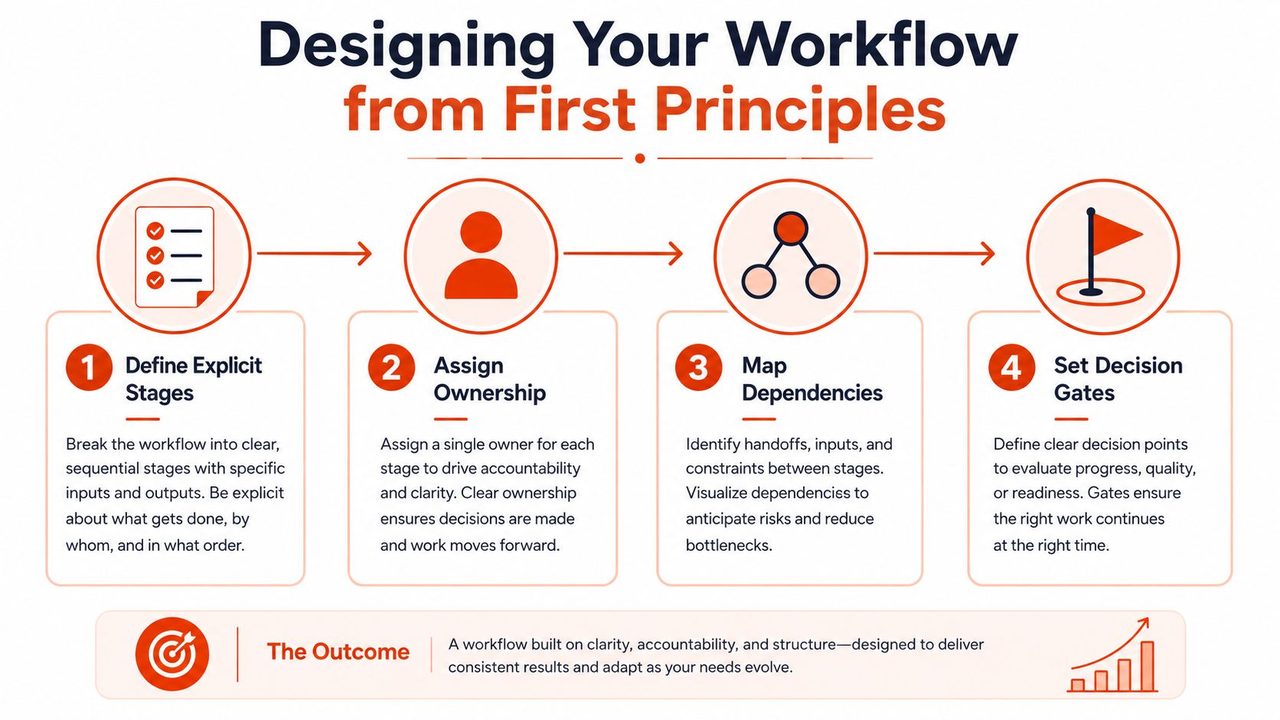 A diagram outlining four steps to design a workflow: define stages, assign ownership, map dependencies, and set gates.