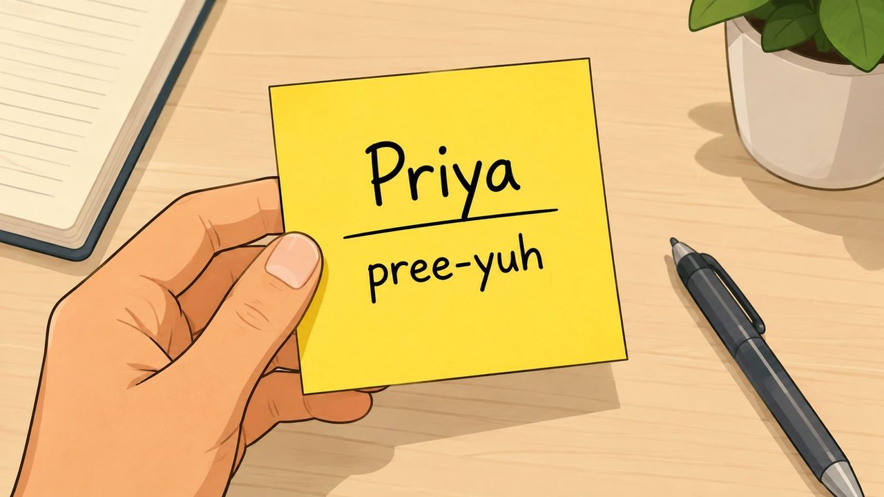 A hand holding a yellow sticky note with the name Priya and its pronunciation pree-yuh written down.