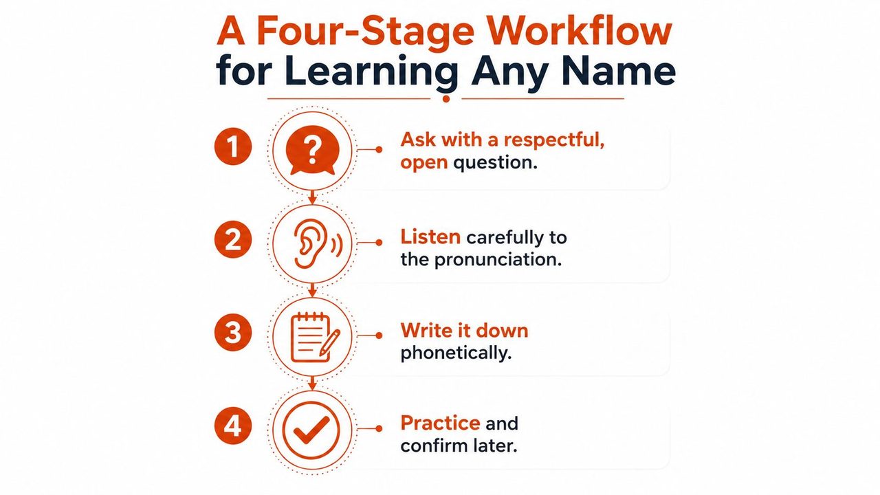 A four-stage instructional graphic for learning to pronounce names correctly through asking, listening, writing, and practicing.