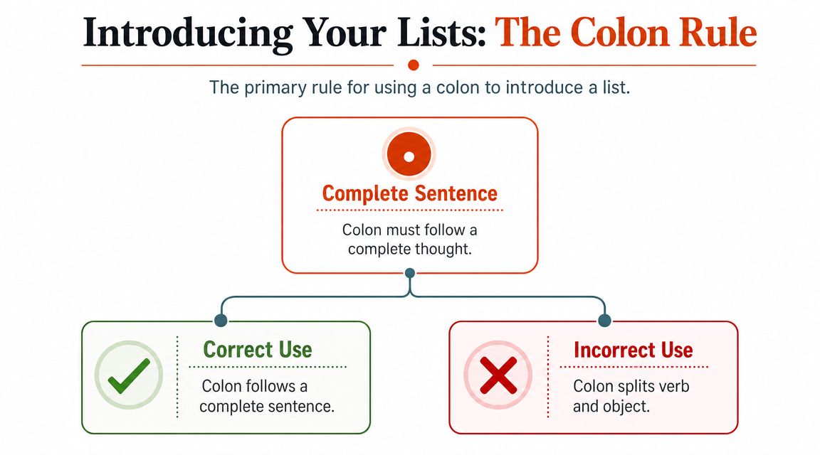 An infographic explaining the correct grammar rule for using a colon to introduce a list in sentences.