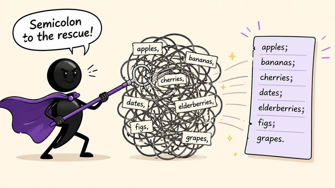 A cartoon character representing a semicolon sorts a messy tangle of comma-separated fruits into an organized list.