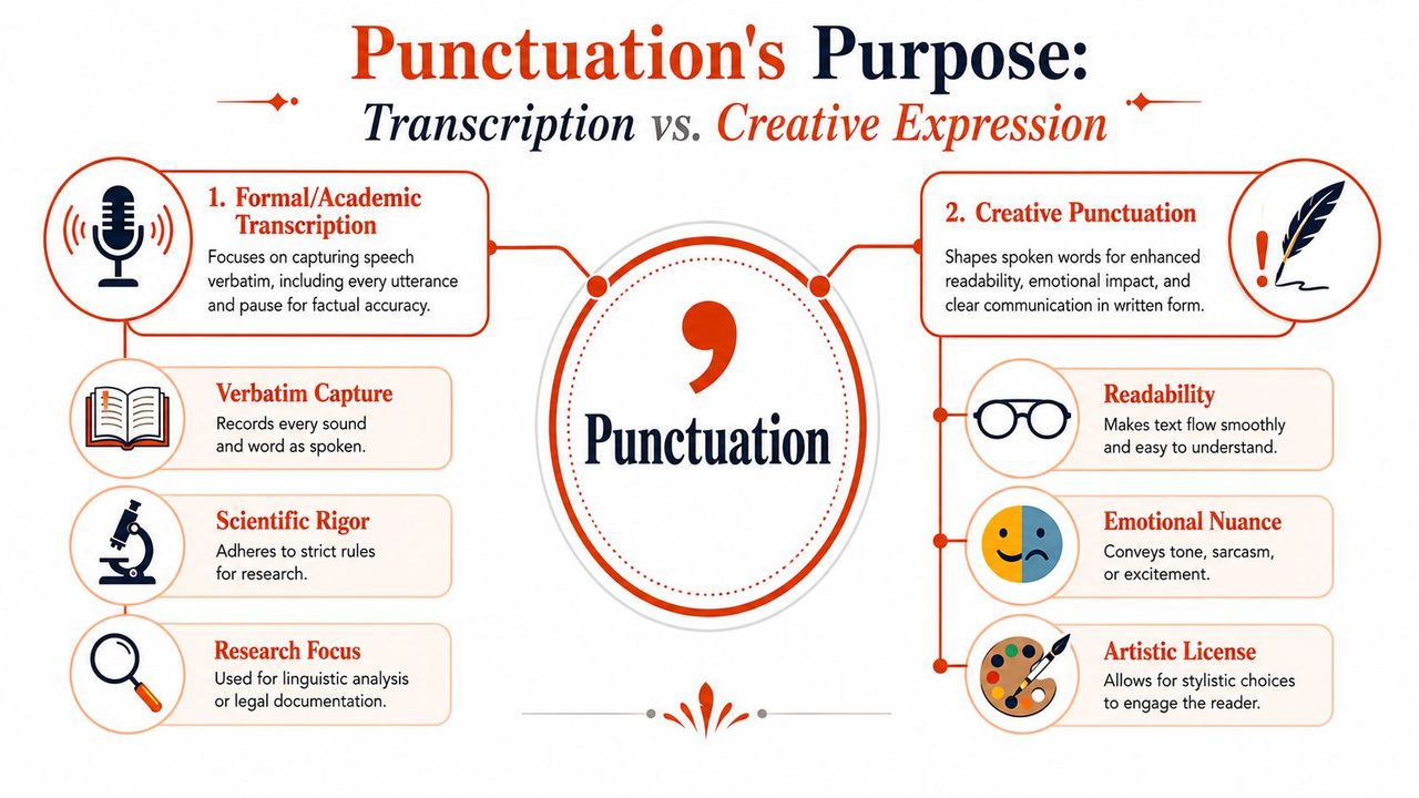 An infographic comparing the functions of punctuation in formal speech transcription versus creative written expression.
