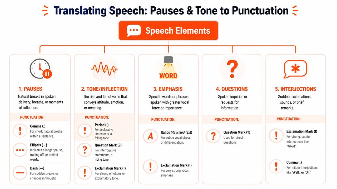 An infographic showing how to translate speech elements like pauses and tone into written punctuation marks.
