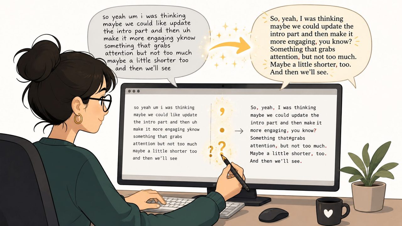 A woman at her computer editing informal speech text into professional, properly punctuated writing with a stylus.