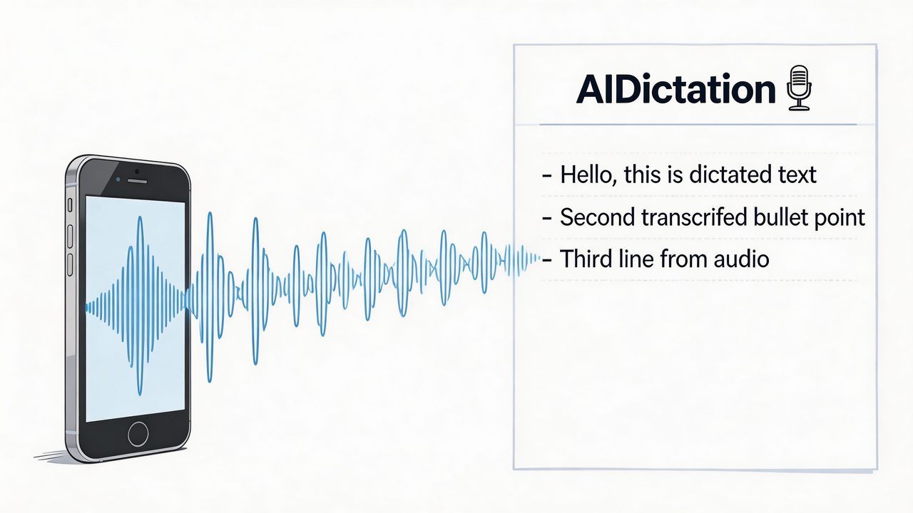 A smartphone recording audio and converting it into a bulleted list titled AIDictation.