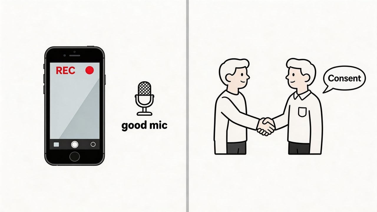A split-screen illustration showing a smartphone recording on one side and two people shaking hands on the other.