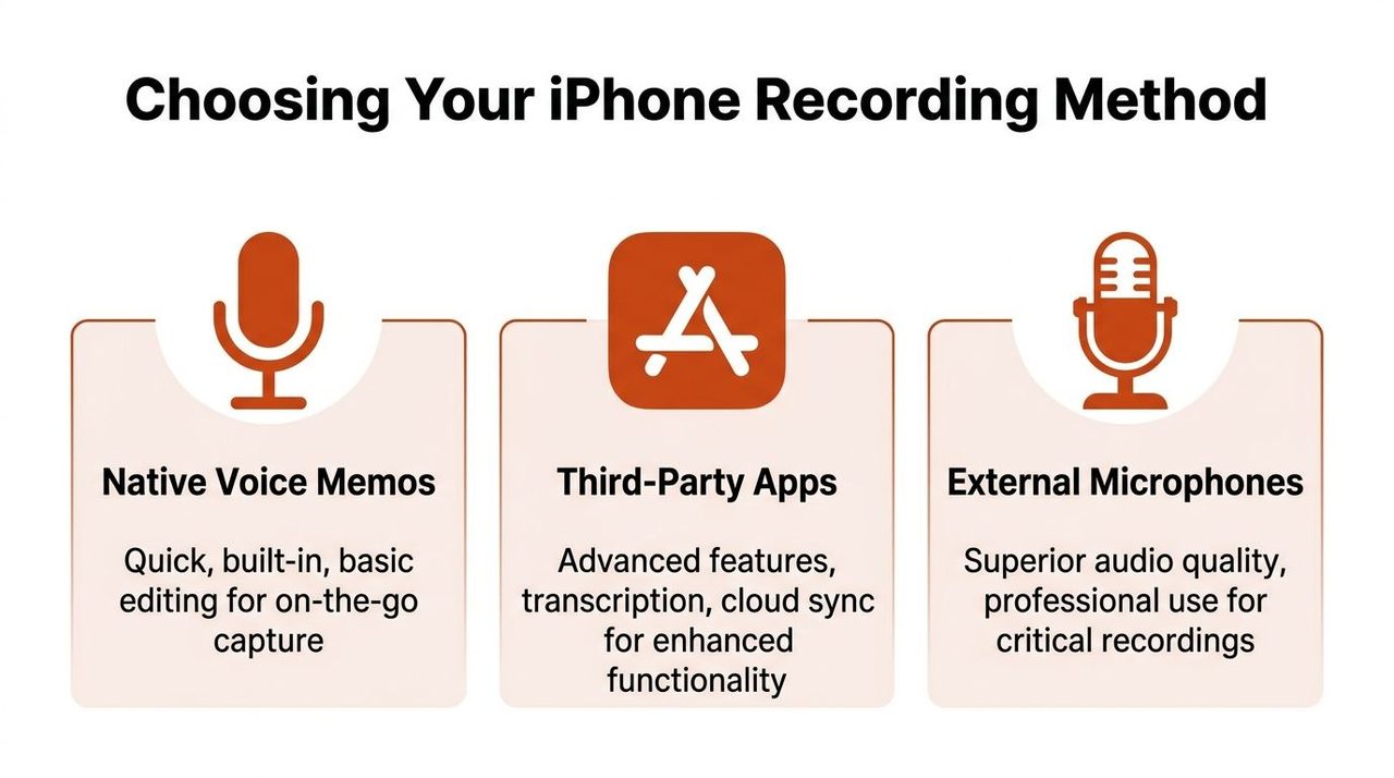 An infographic illustrating three different methods for recording audio on an iPhone: Voice Memos, apps, and microphones.