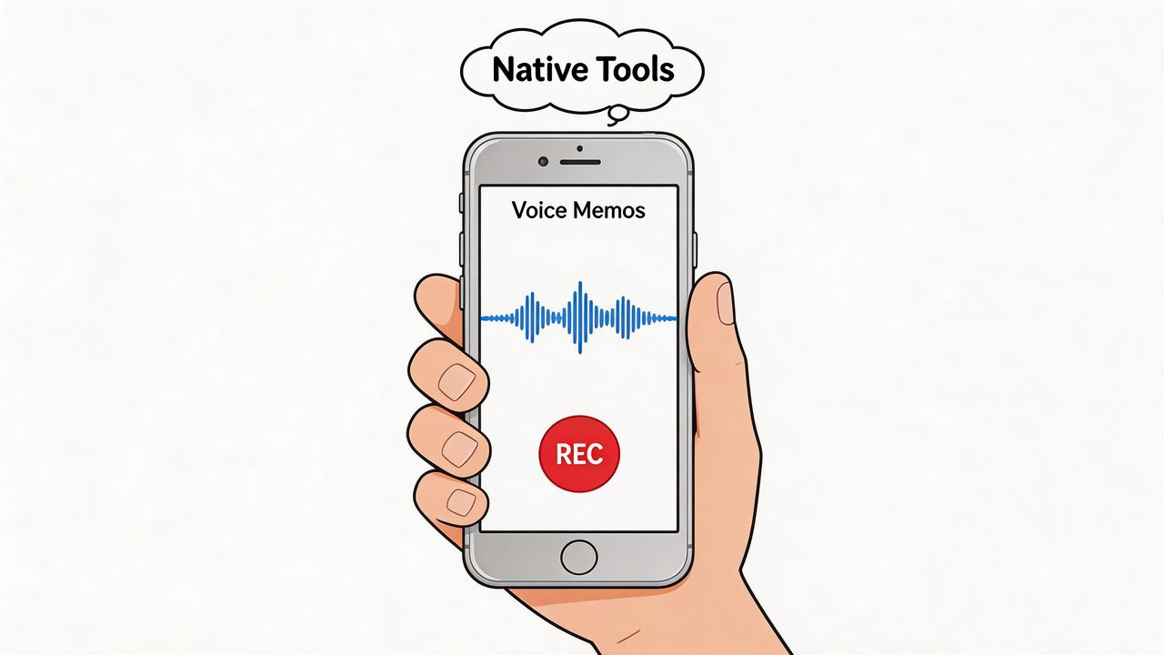 A cartoon hand holding an iPhone displaying the Voice Memos app with a record button.