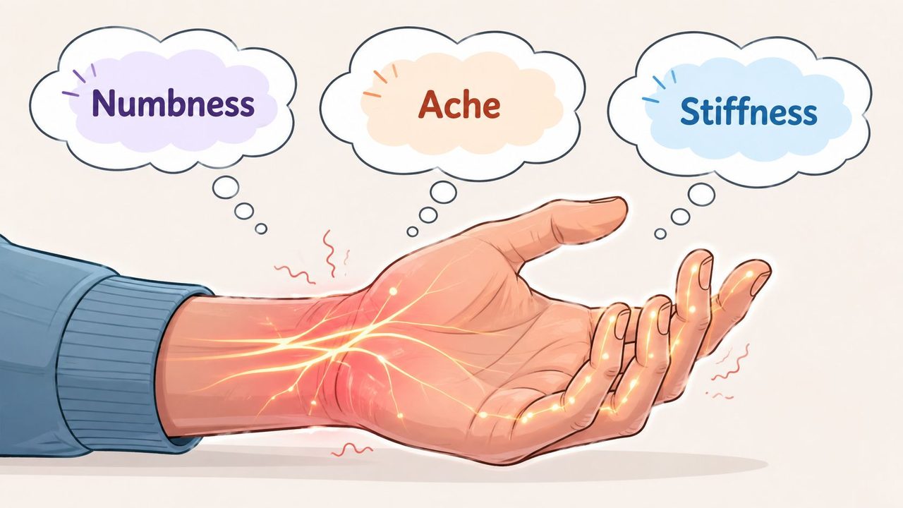 A hand suffering from carpal tunnel syndrome showing pain with associated symptoms like numbness, ache, and stiffness.