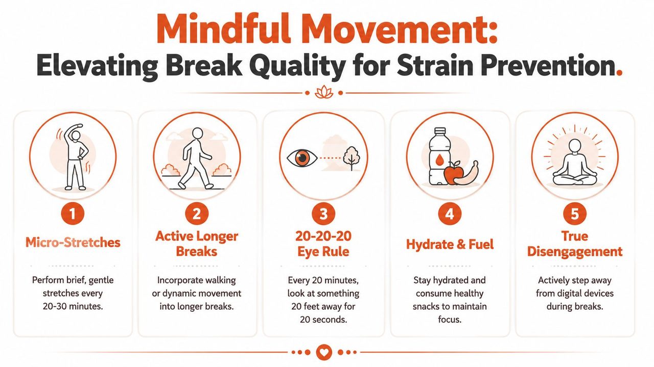 An infographic detailing five mindful movement tips for preventing strain during workday breaks, using clear icons.
