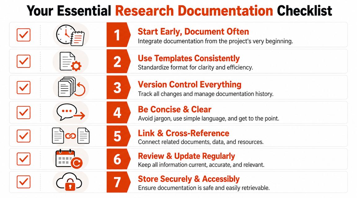 A checklist infographic titled Your Essential Research Documentation Checklist featuring seven numbered steps for efficient research management.