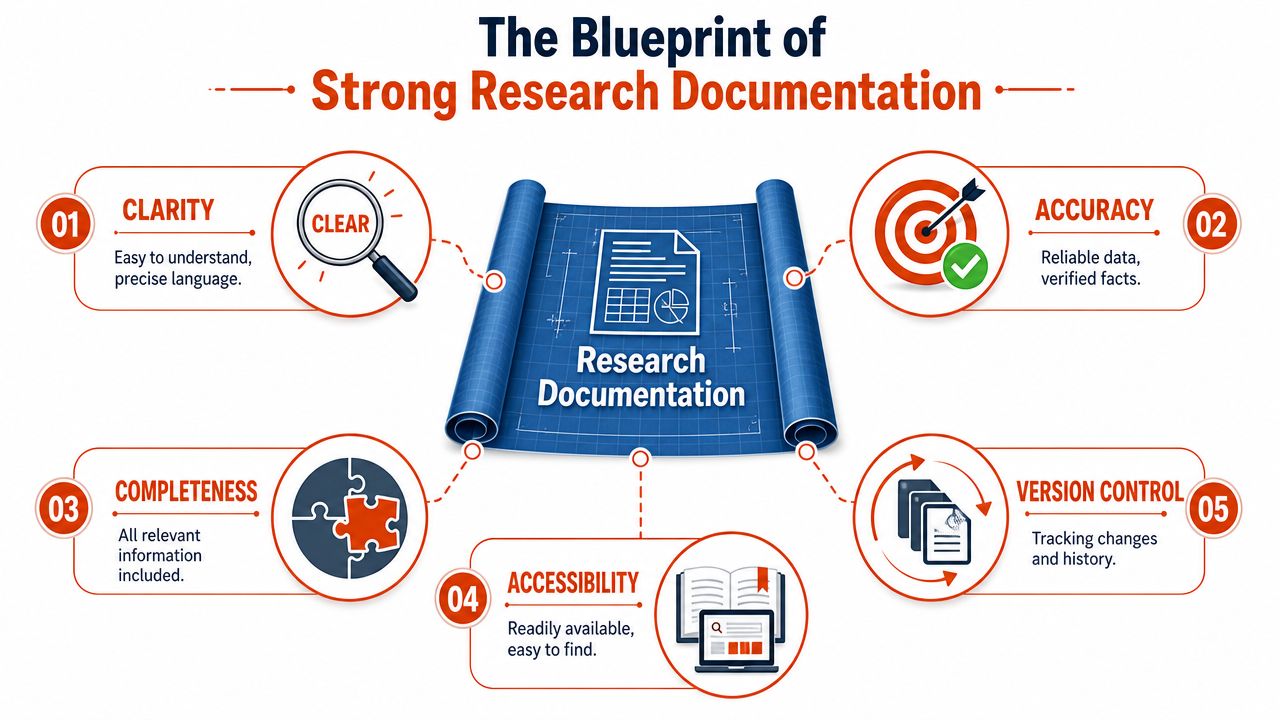 An infographic titled The Blueprint of Strong Research Documentation illustrating five key principles for effective research records.