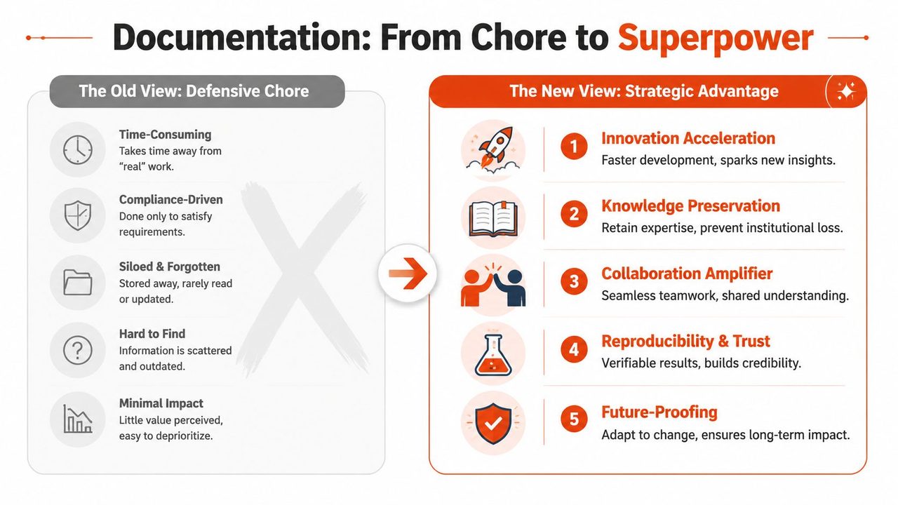 A comparison chart showing documentation evolving from a burdensome chore into a strategic organizational superpower.