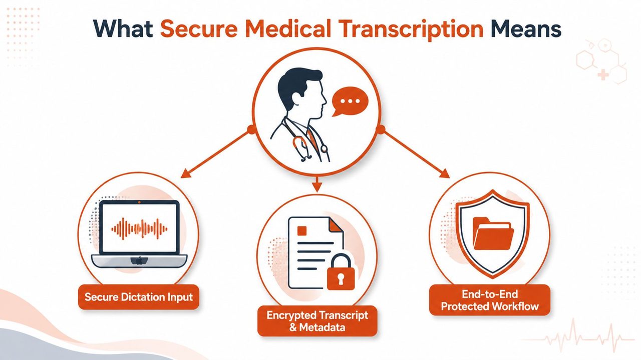 A diagram illustrating the three key pillars of secure medical transcription including input, encryption, and workflow protection.