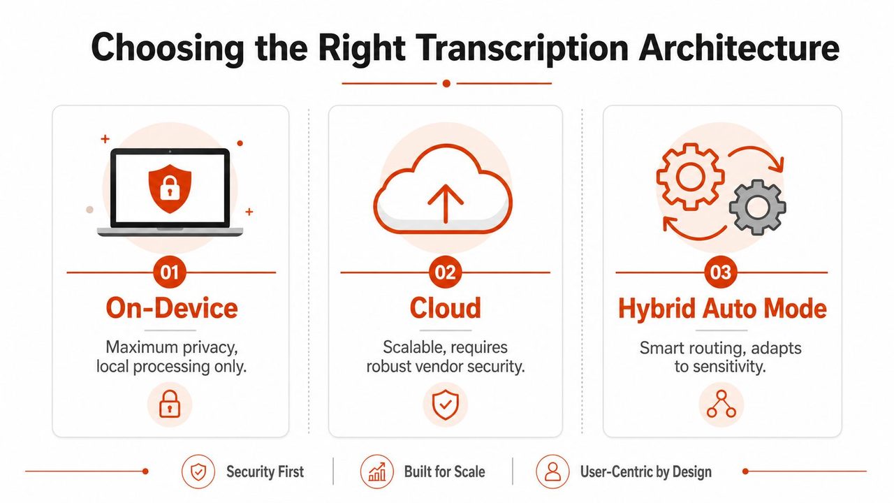 A visual guide explaining three transcription architectures: On-Device, Cloud, and Hybrid Auto Mode for secure data processing.