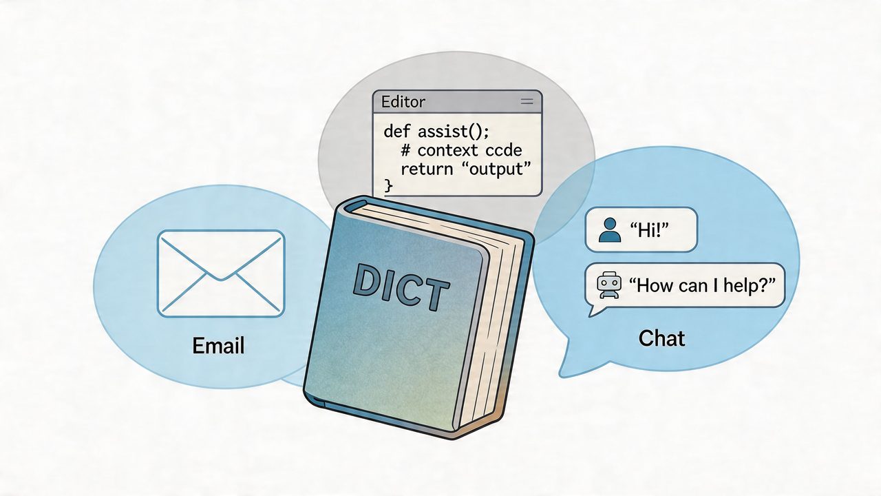 A central dictionary icon surrounded by digital communication bubbles including email, code editor, and chat interaction.