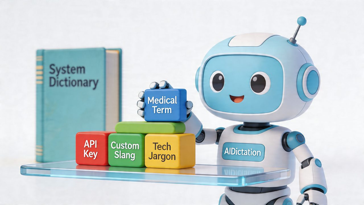 A cute white and blue robot building blocks labeled Medical Term, API Key, Custom Slang, and Tech Jargon.