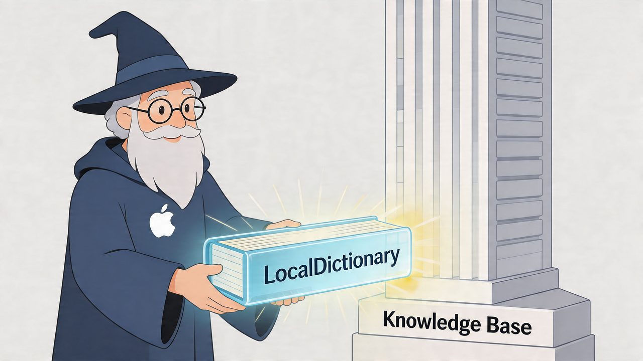 A wizard holding a glowing LocalDictionary book next to a large stone Knowledge Base pillar.