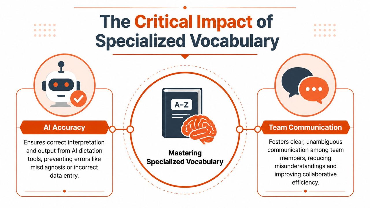 An infographic illustrating how specialized vocabulary improves AI accuracy and team communication in professional settings.