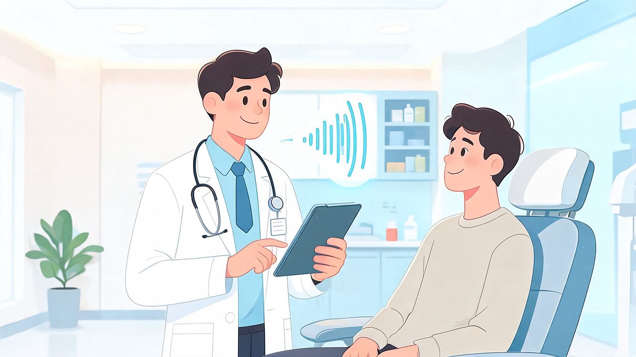 A doctor uses a tablet for speech recognition during a medical consultation with a patient in an office.