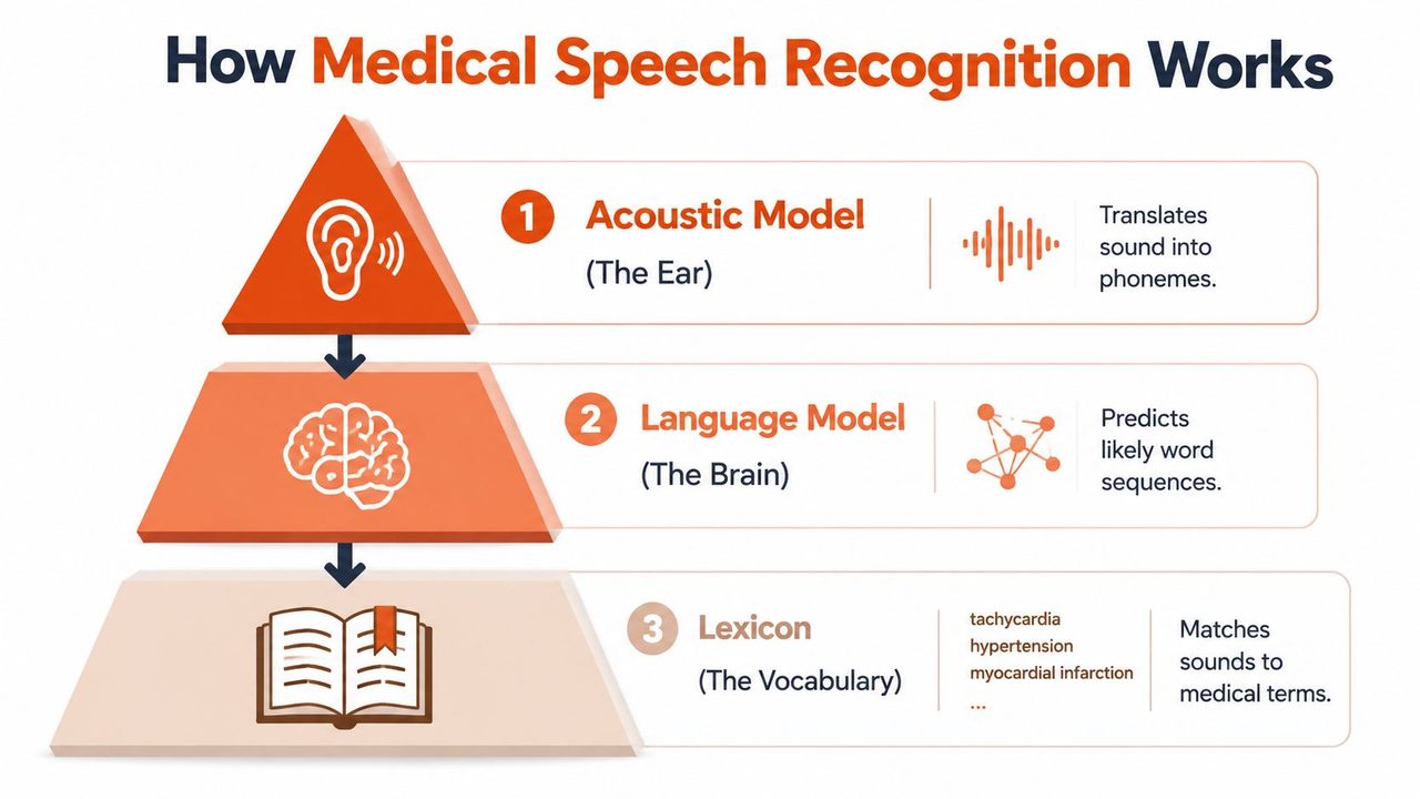 A diagram illustrating the three components of medical speech recognition: acoustic model, language model, and lexicon.