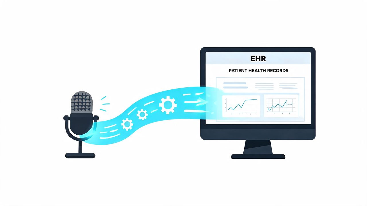 A microphone recording voice data which is processed and transferred into patient health records on a computer.