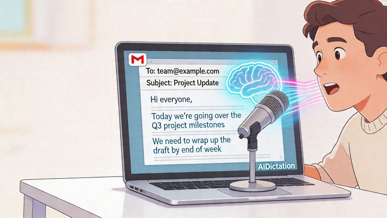 A person dictating an email to a laptop using AI speech to text software via a microphone.