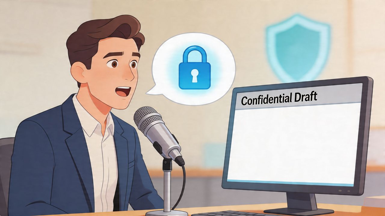 A professional man speaking into a microphone with a digital lock and confidential draft on his screen.