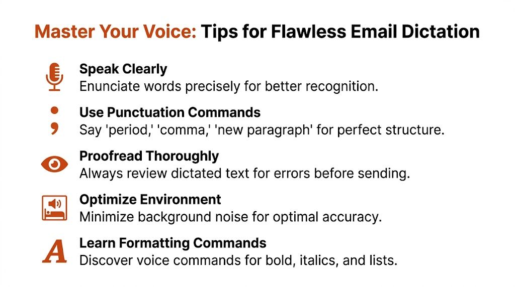 A list of five essential tips for achieving flawless dictation when composing emails using voice recognition software.