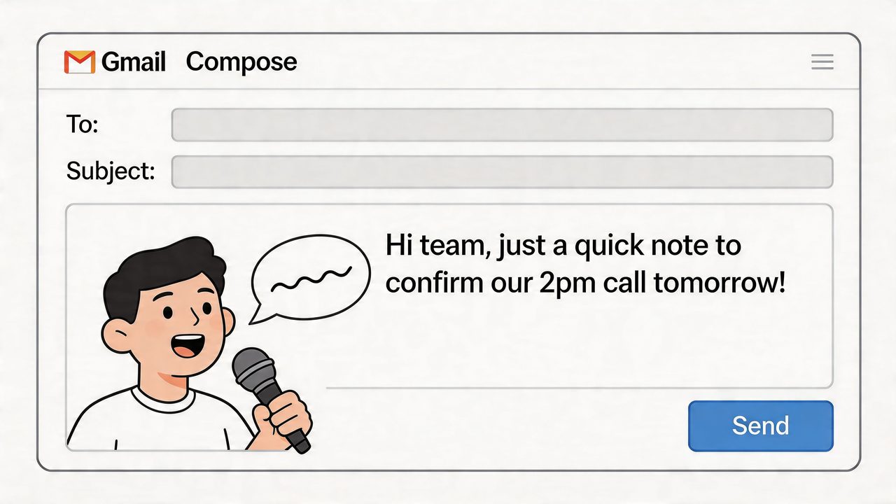 A cartoon illustration of a person speaking into a microphone, appearing in a Gmail compose email window.