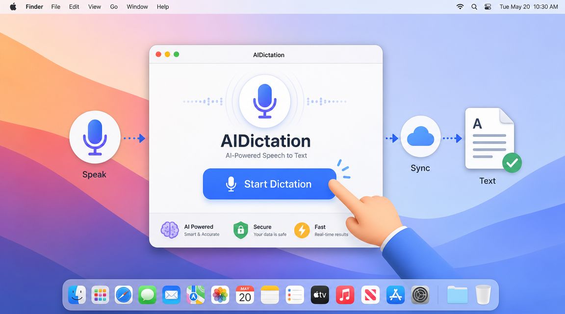 A digital illustration of an AI speech to text application interface with a hand clicking the start button.
