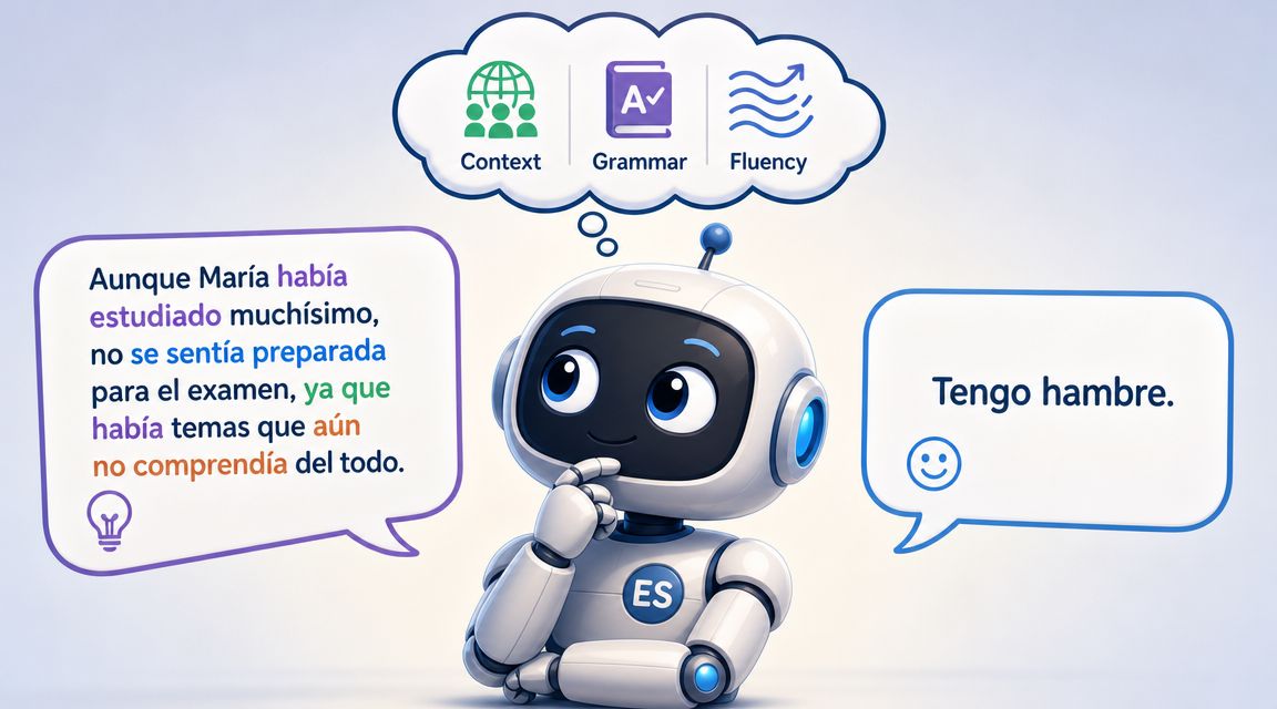 A friendly white robot pondering Spanish language learning concepts like context, grammar, and fluency.