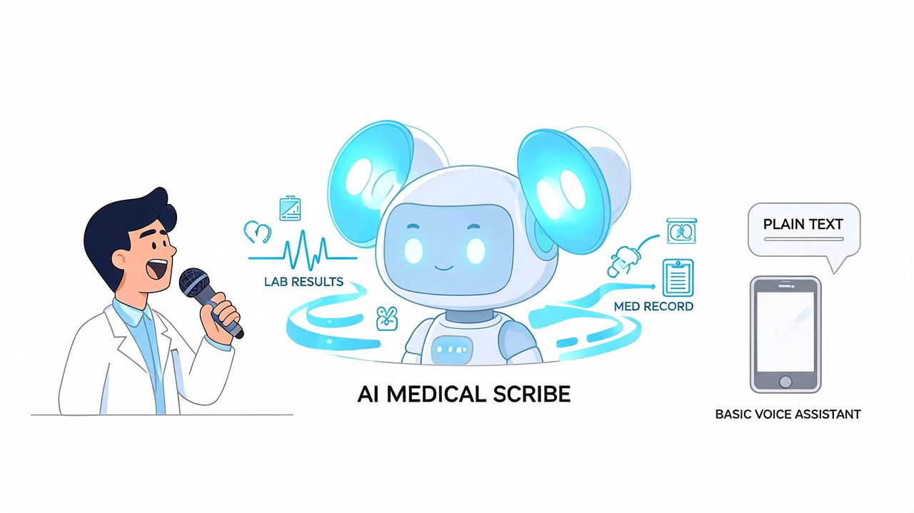 A doctor speaking into a microphone while an AI robot processes medical data and health records.