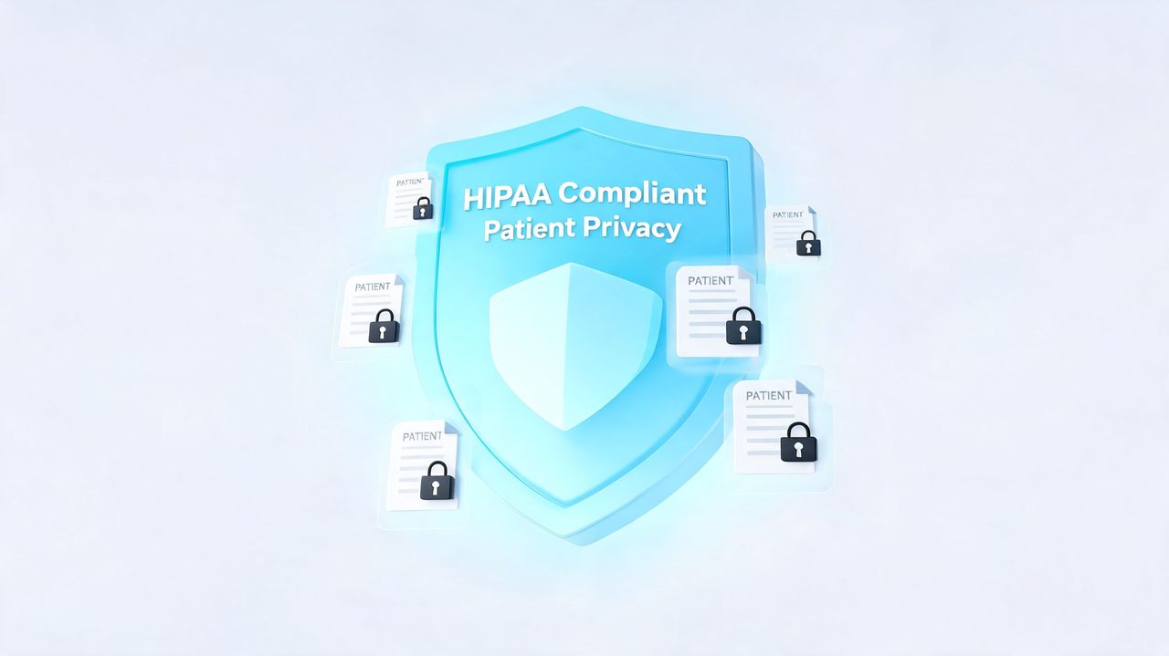 A 3D shield illustration representing HIPAA compliant patient privacy with secured digital files and padlocks floating around.