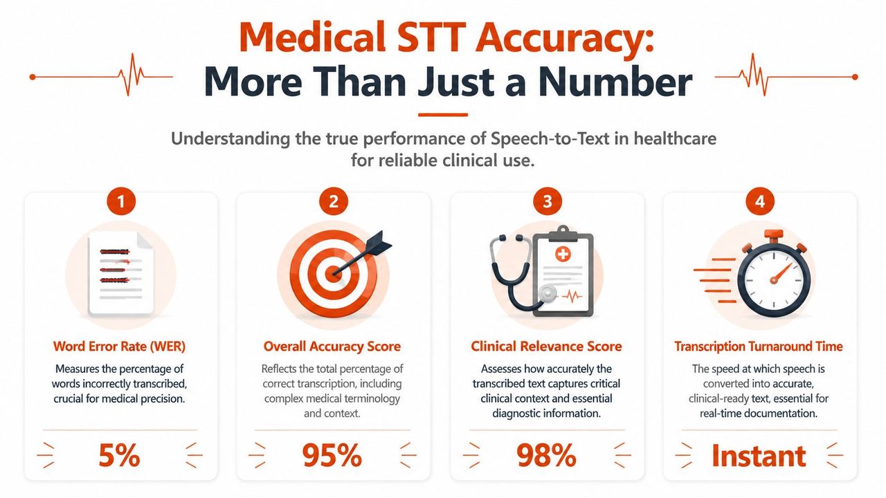 An infographic showing four key metrics for evaluating speech-to-text accuracy in a healthcare setting.