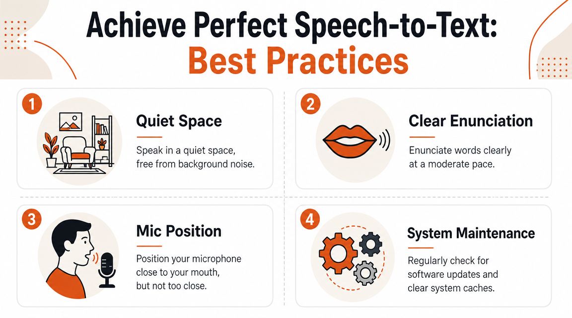 An infographic showing four best practices for achieving perfect speech-to-text accuracy using voice recognition technology.