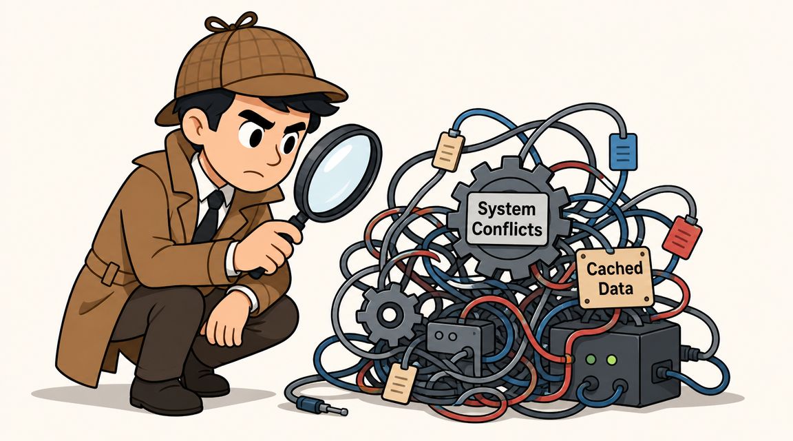 A detective examines a chaotic tangled mess of wires representing system conflicts and cached data issues.
