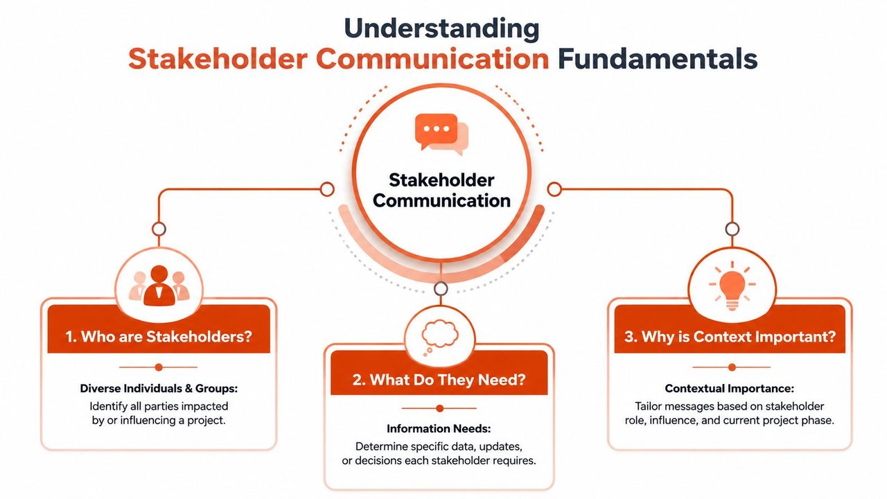 A diagram outlining the fundamentals of stakeholder communication, highlighting three key areas for effective project management.