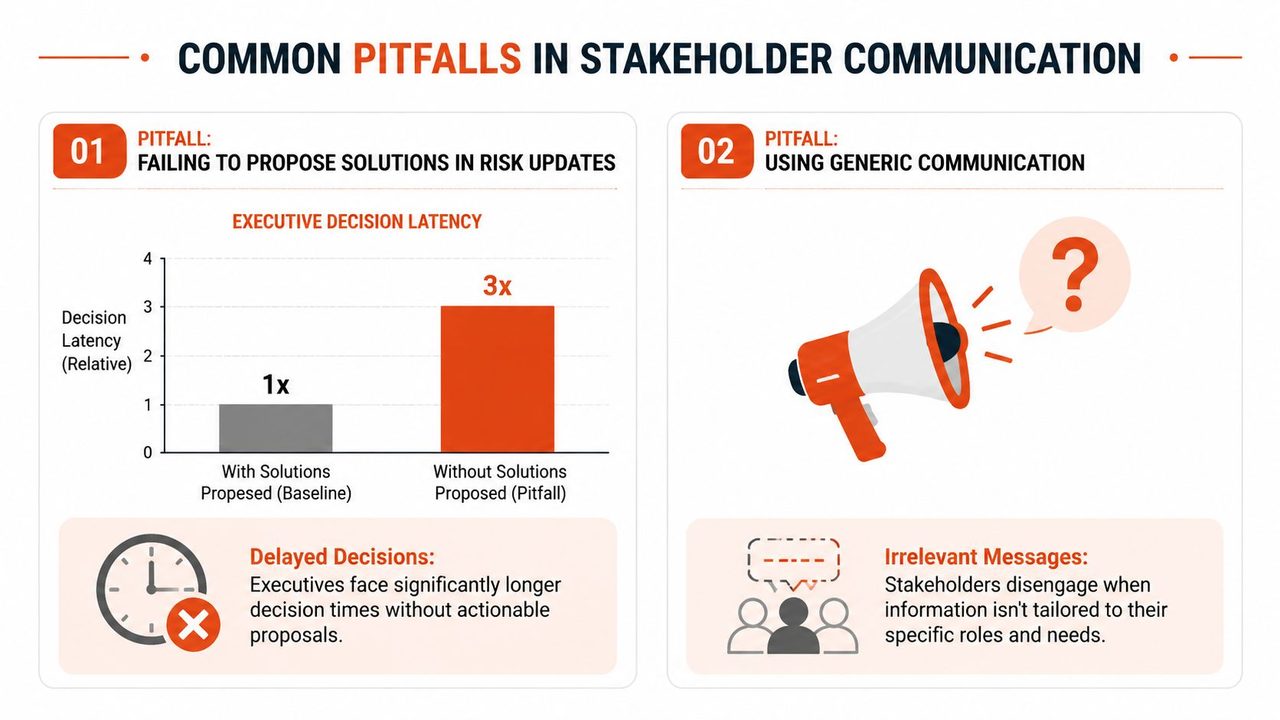 An infographic showing two common pitfalls in stakeholder communication including failing to propose solutions and using generic messages.