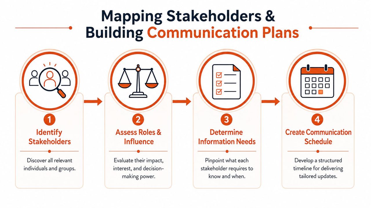 A four-step infographic illustrating the process of mapping stakeholders and building a strategic communication plan.