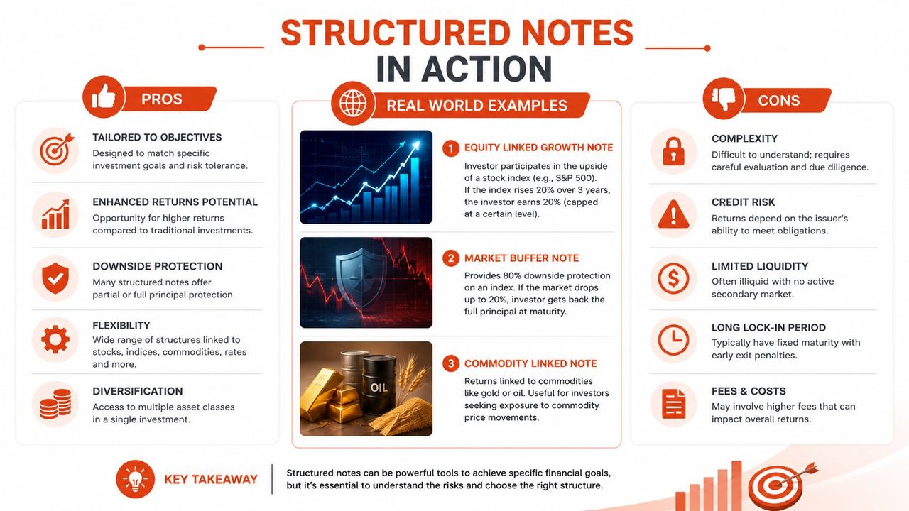 An infographic detailing the pros, cons, and real-world examples of using structured notes for financial investments.