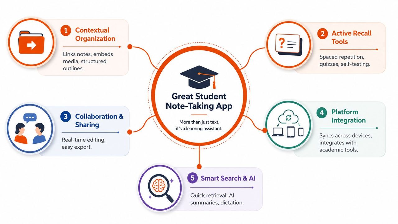 A diagram illustrating five essential features for a great student note-taking app, including organization, recall, and AI tools.