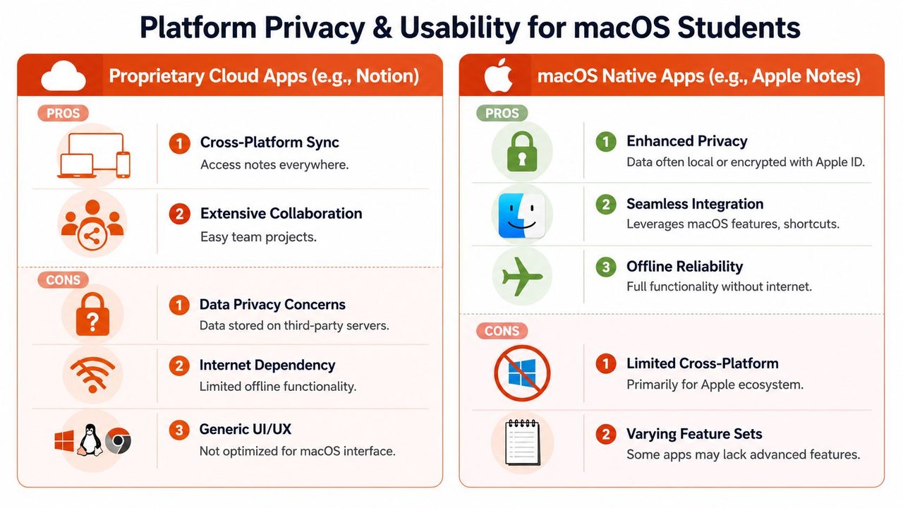 A comparison chart showing the privacy and usability pros and cons of cloud versus native note-taking apps.