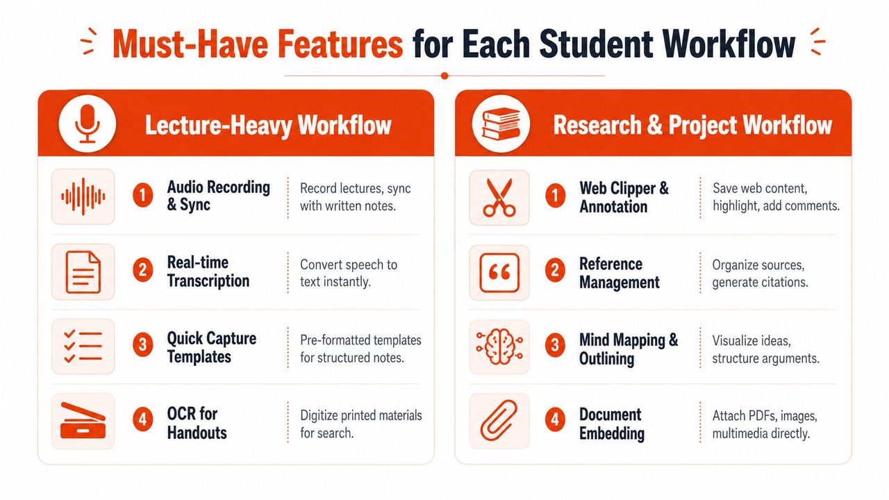 A chart comparing essential note-taking app features for lecture-heavy versus research and project-based student workflows.