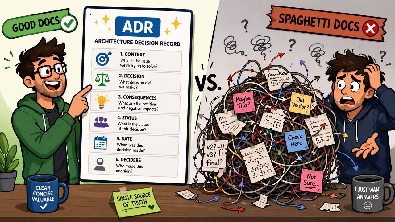 A comparison between structured Architecture Decision Records and chaotic, disorganized spaghetti documentation in software development.