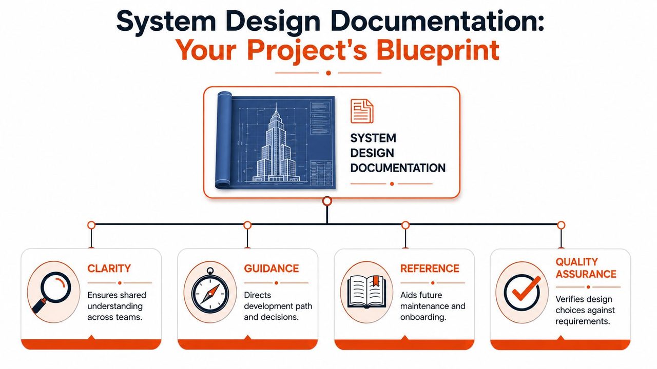 A diagram explaining the importance of system design documentation as a blueprint for software development projects.