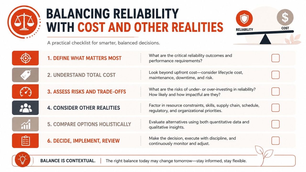A checklist infographic illustrating six steps to balance system reliability with cost and operational business realities.